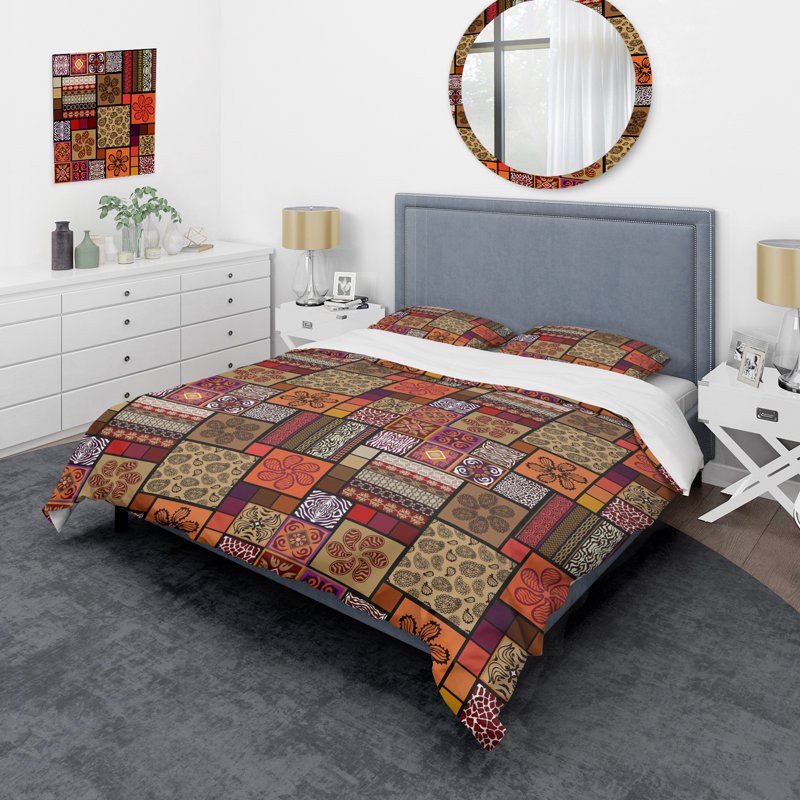 Orange Mega Patchwork Polyester Patchwork Duvet Cover, Queen Duvet Cover + 2 Standard Shams