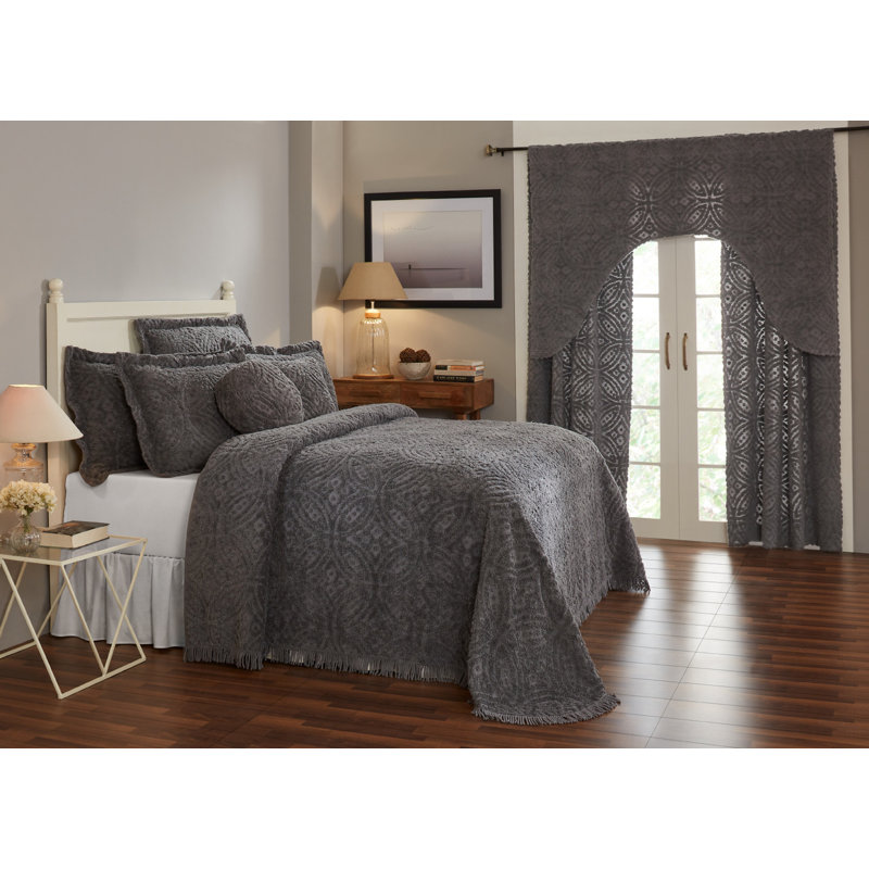 Wedding Ring 100% Cotton Machine Washable Tufted Coverlet / Bedspread with Sham Set, Gray, King Bedspread + 2 Standard Shams