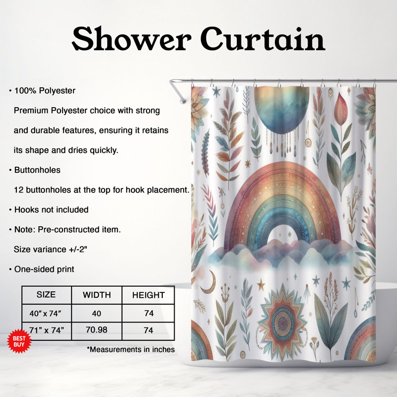 Rideau de douche 1 pièce Boho Rainbow Waves, H 74 po x l 71 po