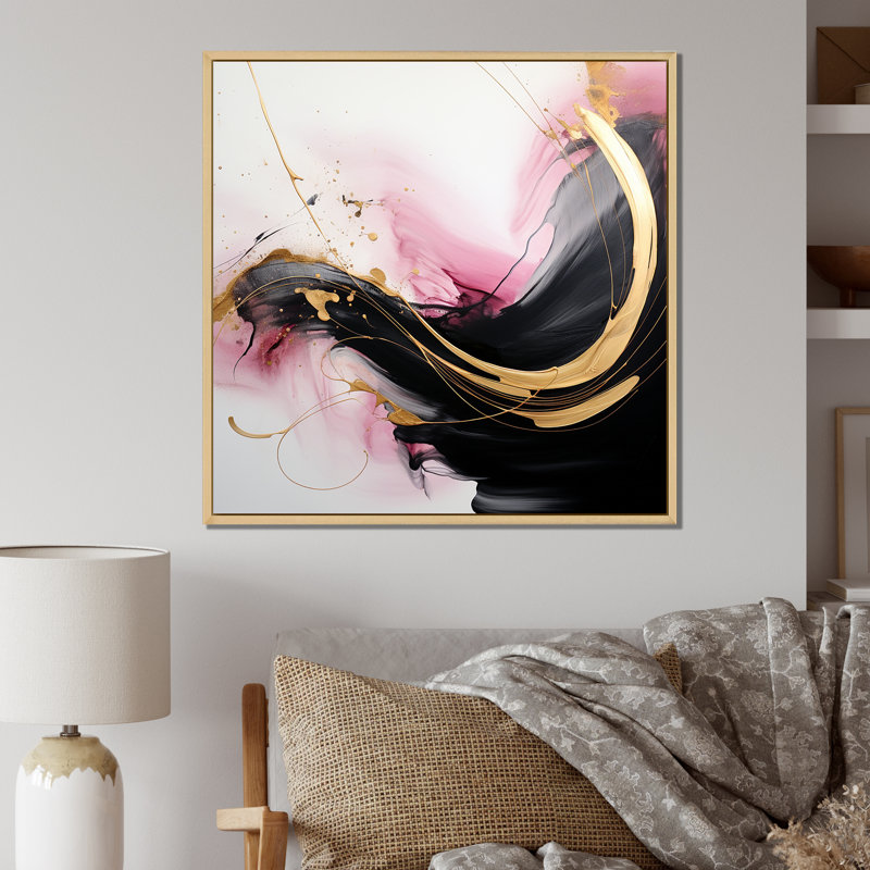Abstrait, vague d'or rose et noir I - art abstrait sur toile, Cadre flottant érable, H 36 po x l 36 po x P 1,5 po