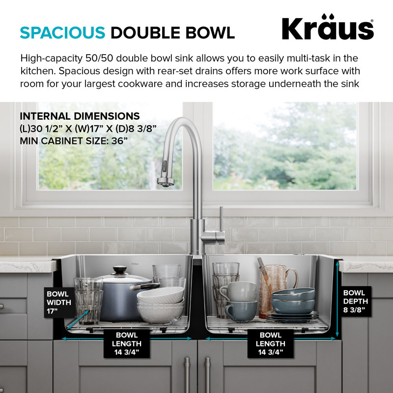 KRAUS Fairlane Undermount 18-Gauge Stainless Steel Kitchen Sink, Double Equal Bowl, 9" H x 19" L x 19" W