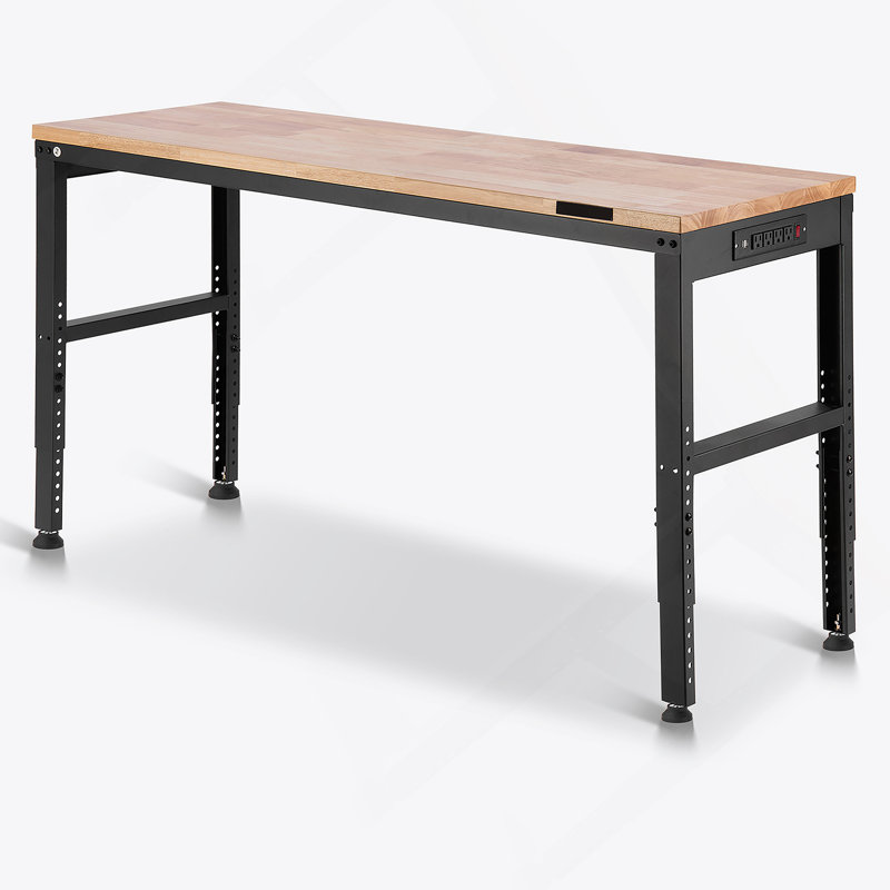Établi à hauteur réglable, 61 po x 20 po, avec des hauteurs de 27,1 à 36 po, capacité de 2 000 lb, prises de courant, plateau en bois franc et cadre en métal pour les ateliers, les bureaux et la maison