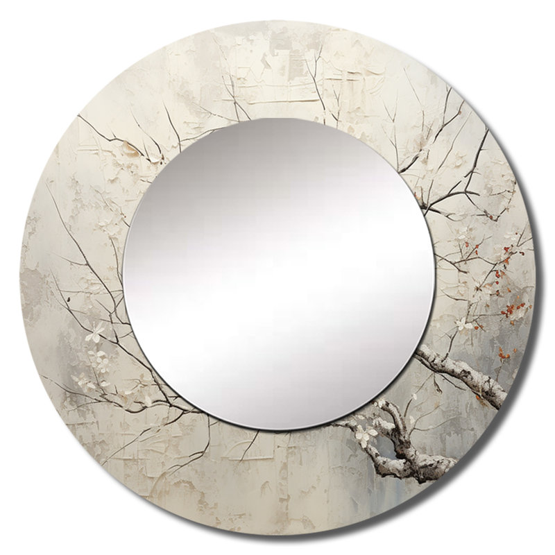 Arbre monochromes Whispers of Beige - grand miroir mural monochrome, miroir décoratif rond beige, impression sur métal