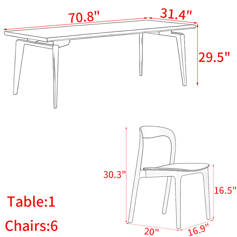 Nordic style solid wood dining table set, 29.5"H x 70.8"L x 31.4"W