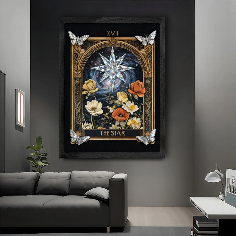 Art mural noir encadré noir Tarot The Star - Mystical Boho Spiritual Decor, H 17 po x l 13 po