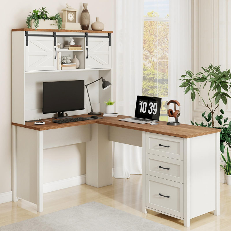 Bureau en L 68 po avec rehausse Farmhouse, Brown/White