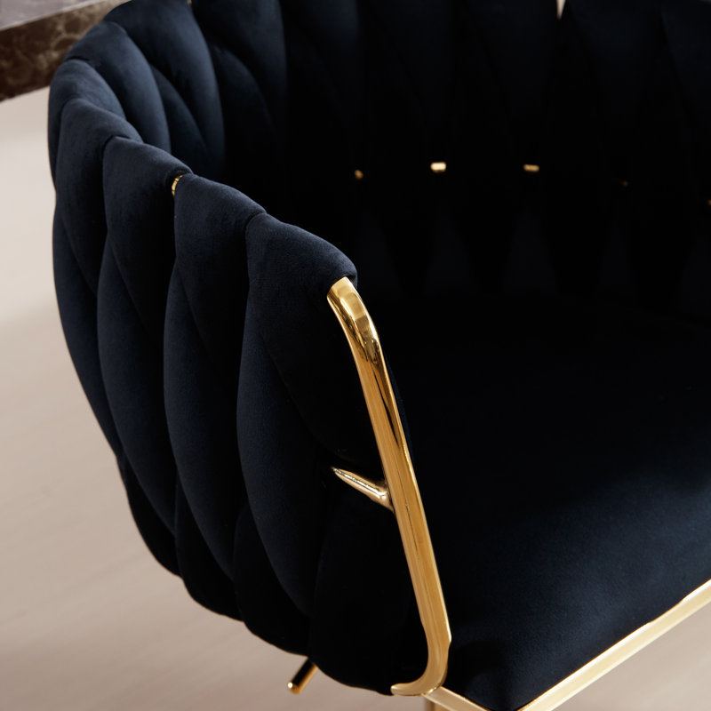 Swivel Adjustable Height Bar Stool with Woven Backs and Gold Base, Black