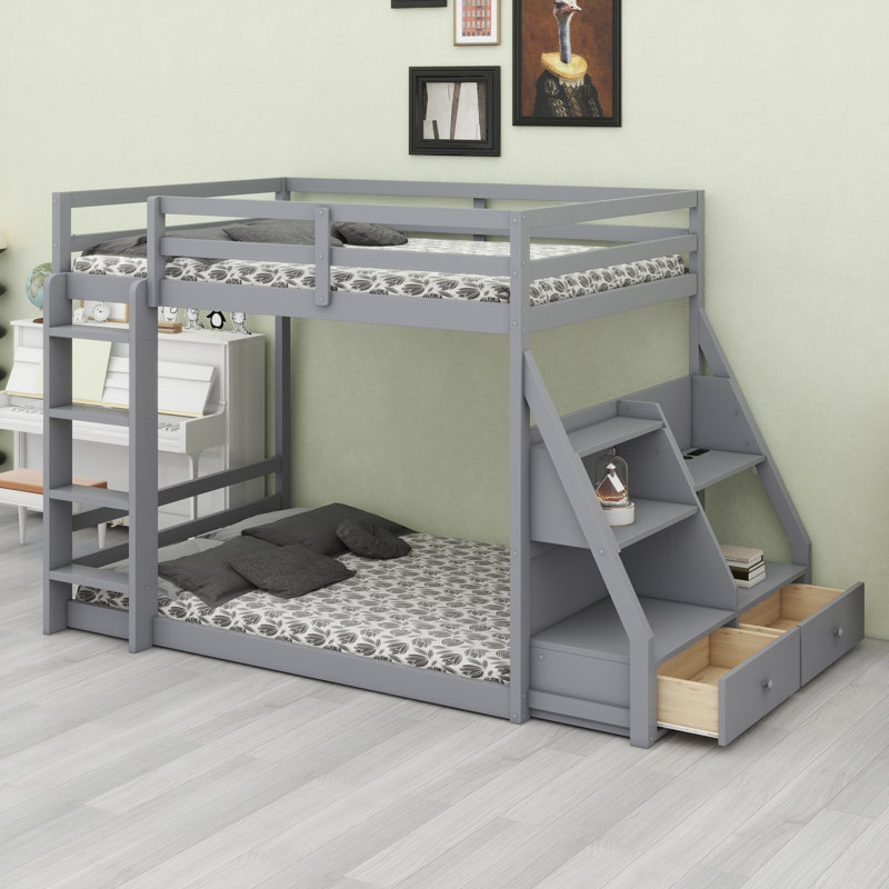 Stylish Bunk Bed Featuring LED Lights, USB Ports, Shelves and Storage Drawers, Gray