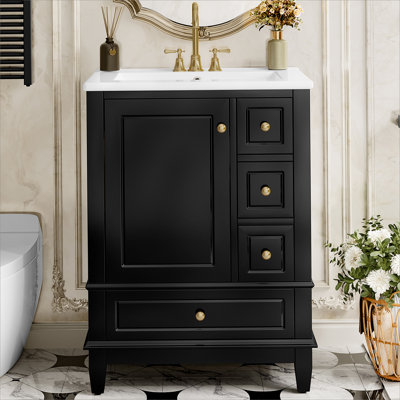 Meuble-lavabo 24 po avec lavabo et tiroirs, meuble-lavabo autoportant noir avec plateau en céramique et tablettes de rangement, panneau de fibres à densité moyenne et base en bois massif, meuble-lavabo moderne pour petites salles de bain