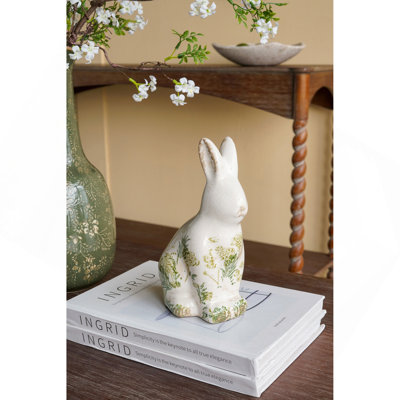 5.1x3.9x8.1" White Ceramic Rabbit With Green Floral Motif