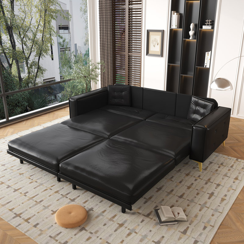 Elysiuma 3-In-1 Faux Leather Pull Out Sofa Bed,92.1" Convertible Sleeper Sofa With Square Arms, Black