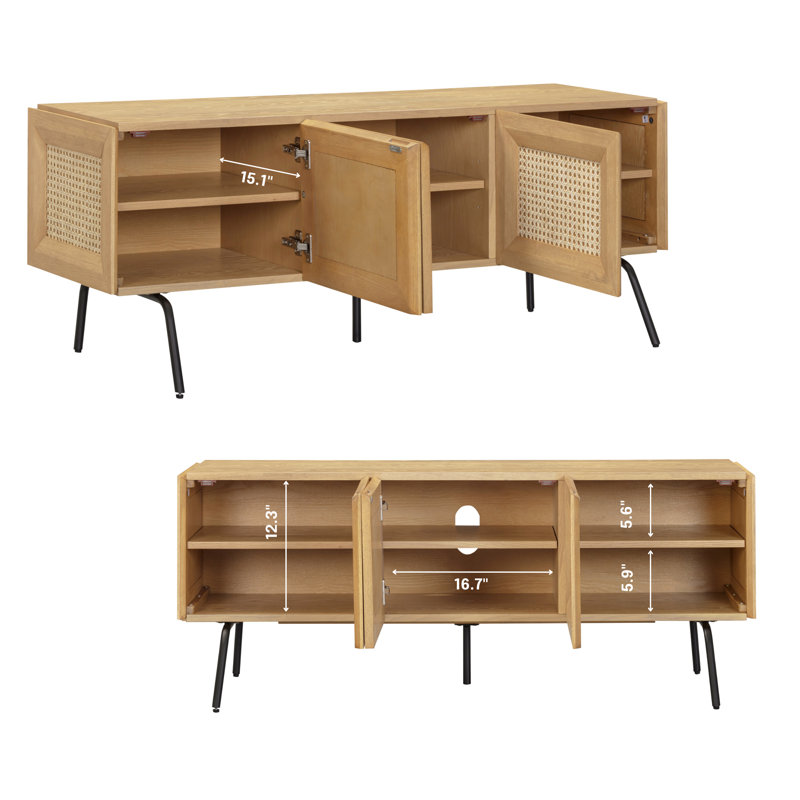  Mossic TV Media Cabinet with 3, 4 Doors for TVs, Entertainment Center with Natural Rattan, Metal Legs, Modern Storage Console for Living Room and Bedroom, Effortless Assembly