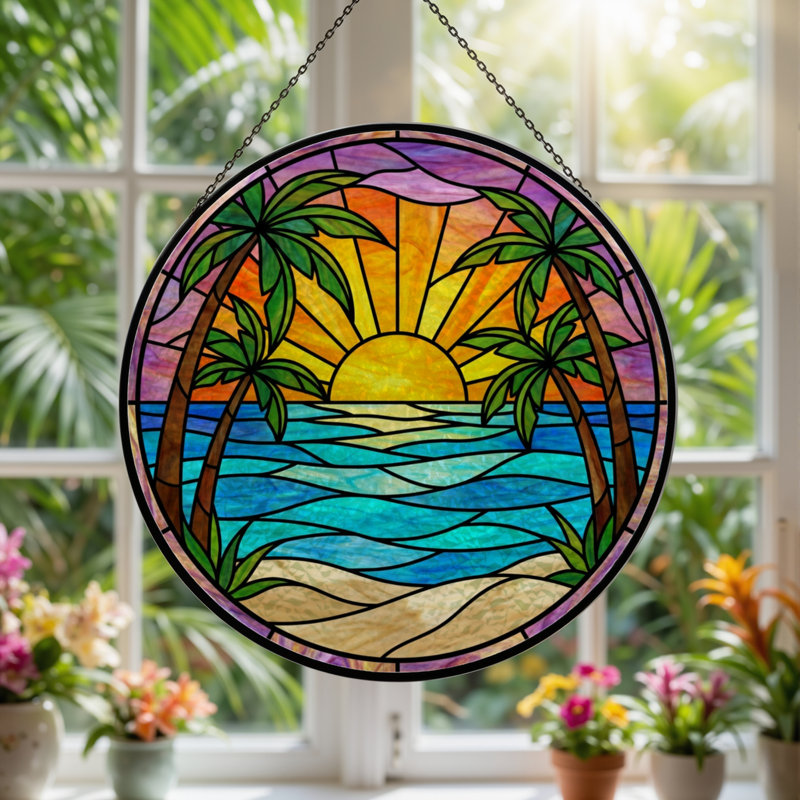 7.8"H Tropical Sunset Stained Glass Window Panel, 7.8" H x 7.8" W