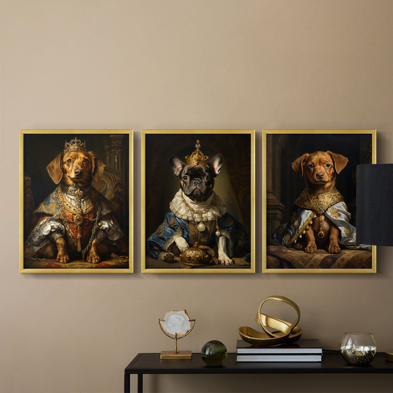 Série royale d'animaux LX III - ensemble de 3 estampes numériques encadrées - prêt à être accroché, Gold, H 20 po x l 16 po