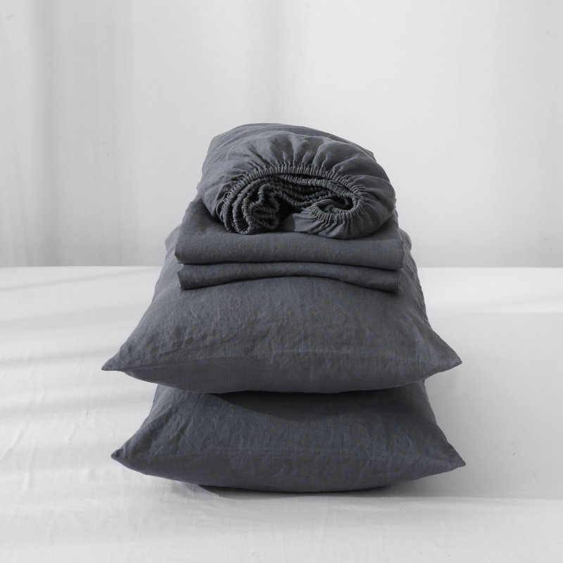 Ensemble de draps 100% lin Highland Feather - 1 drap plat, 1 drap-housse et 2 taies d'oreiller - Classic Luxury, Gris, Double