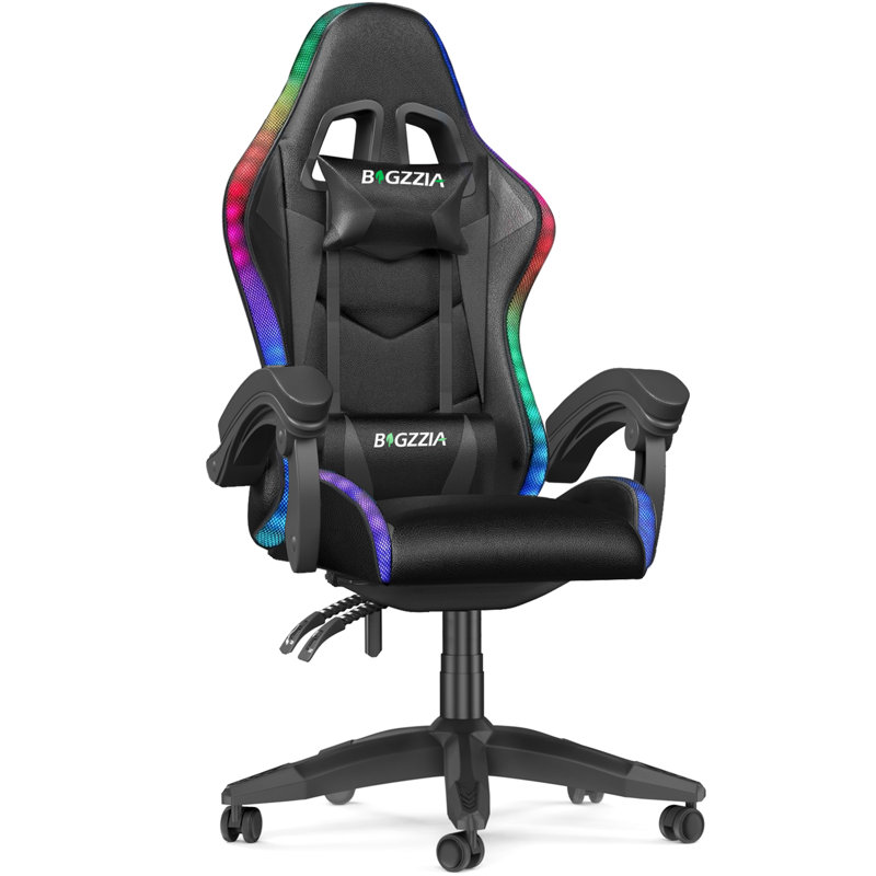 Reclining Gaming Chair with LED Lights and Headrest, Black