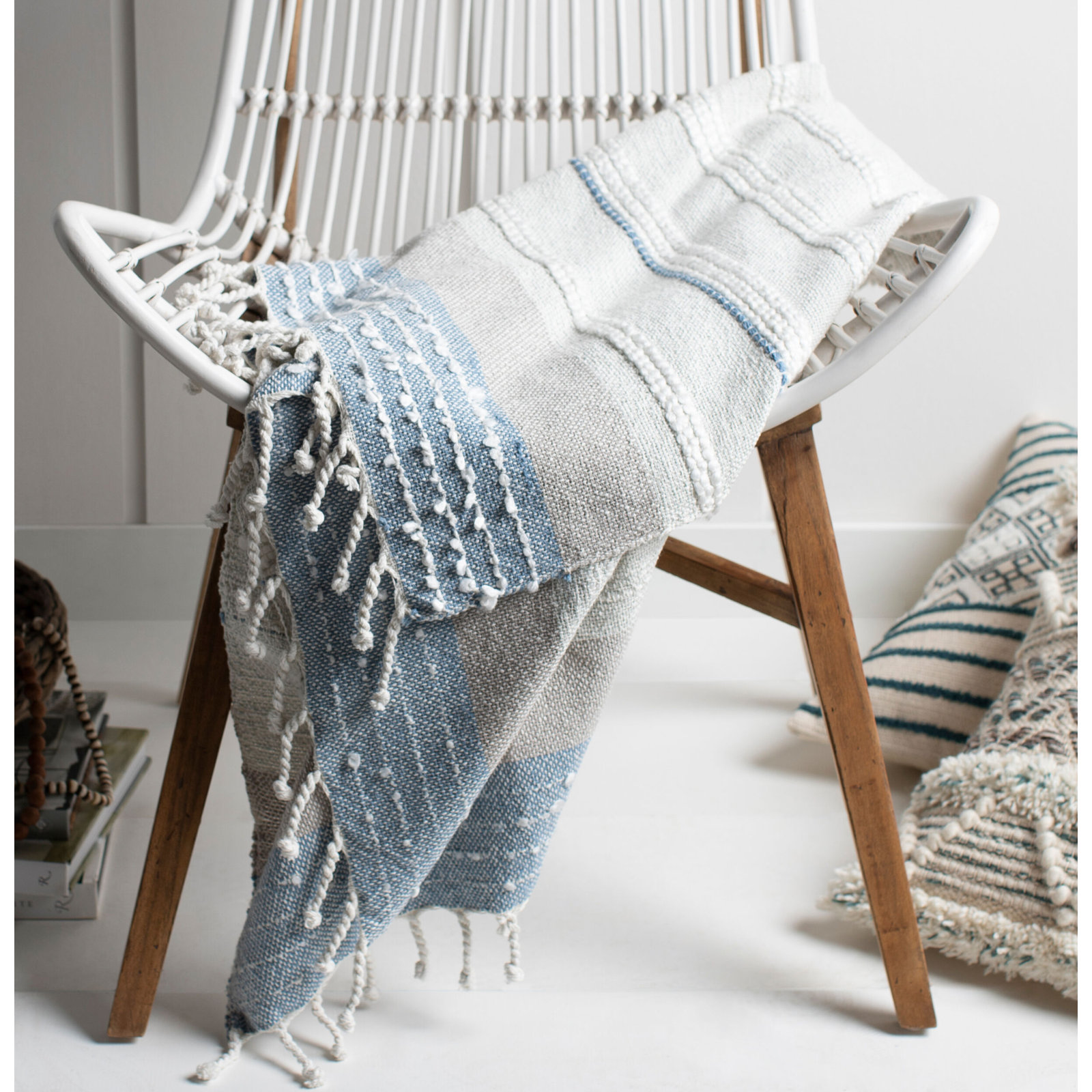 Bara Cotton Blend Hand Woven Throw Blanket, Gray/Denim