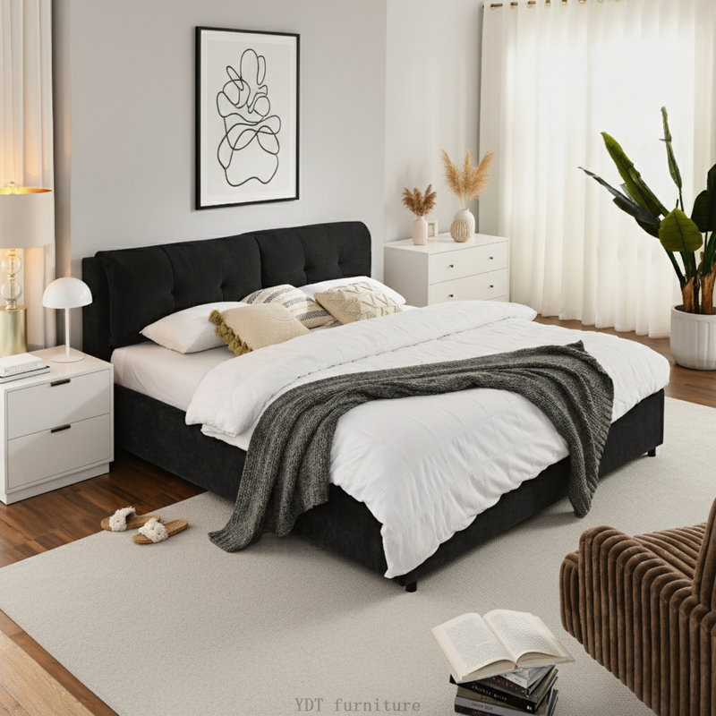 Lit plateforme tapissier très grand avec rangement hydraulique et tête de lit intégrée, tissu chenille, noir, Noir