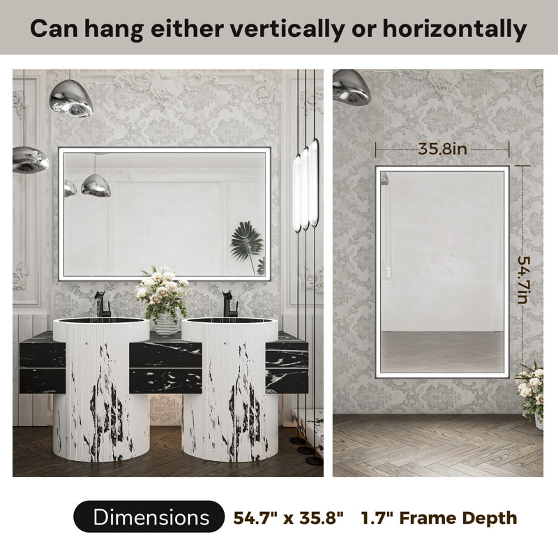Miroir de salle de bain avant à DEL antibuée avec cadre en métal biseauté, 36 po x 55 po, Noir mat, Rectangulaire