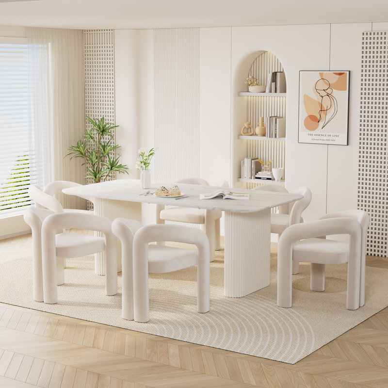 Ensemble de table de salle à manger à double piédestal en marbre blanc, Beige, 7