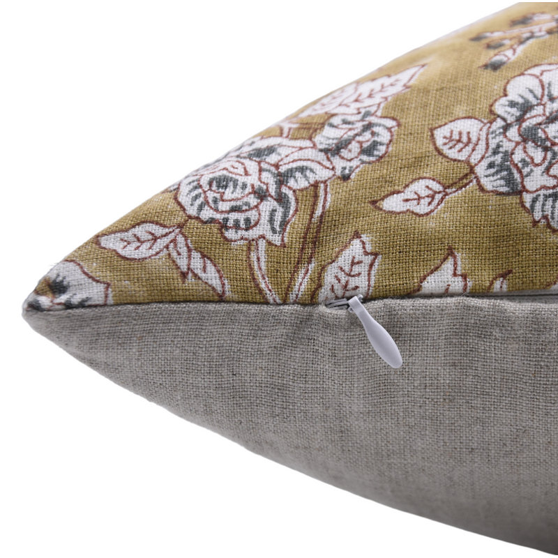 Linen Pillow Cover, 14"H x 14"W, Square, Beige Floral 1