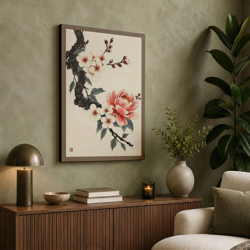 Moonlit Cherry Blossom Japandi - Wrapped Canvas, 24x16 - 61.0 x 40.6 cm, Teal Border
