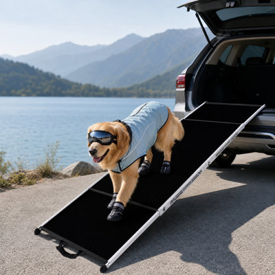 73" Foldable Pet Ramp for Car, Truck, SUV, RV with Non-Slip Rug/Silicone Surface Portable Folding Dog Ramps for Large Dogs with Extra Wide and Long Pull Out Design