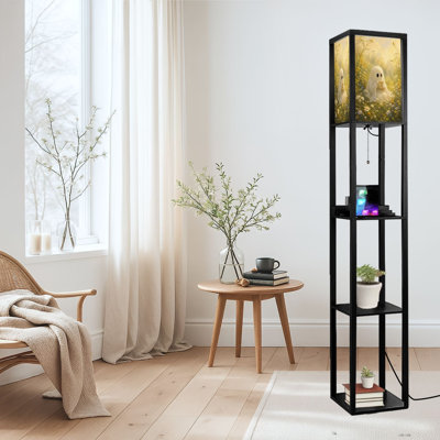 Dimmable LED Standing Floor Lamp Ghost Character Flower Meadow Tea Under Golden Light, MDF Frame Floor Lamp with Remote Control, 3 Color Light, for Living Room Bedroom