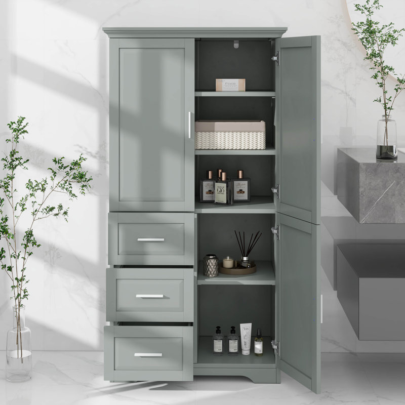 Tall Bathroom Storage Cabinet With 3 Doors And 3 Drawers, Gray