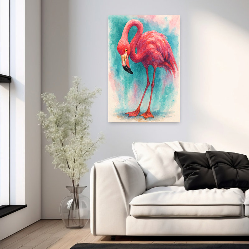 Art flamant rose rose dans des couleurs vives exotiques, H 36 po x l 24 po