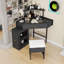 Coiffeuse de coin avec tabouret de rangement rembourré, plateau de table en verre et armoire coulissante amovible-1264099270