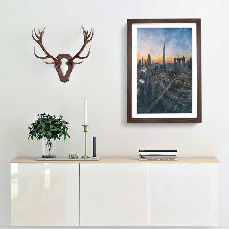 Skyline In Dubai Painting - Framed Print, 33cm H x 24cm W x 2cm D, Walnut Framed