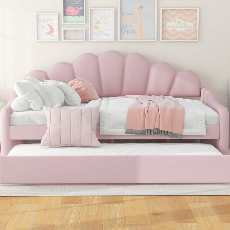 Full Size Daybed In Pink With Fabric And Trundle - Delicate Upholstery Comfortable Bedding, Strong Structure, Pink