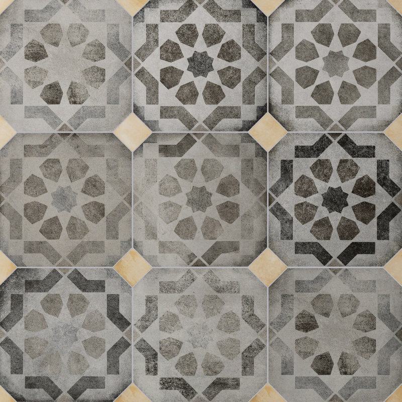 Laverton Octagon W/Taco 7-7/8 In. X 7-7/8 In. Porcelain Floor And Wall Tile, Gray/Ivory
