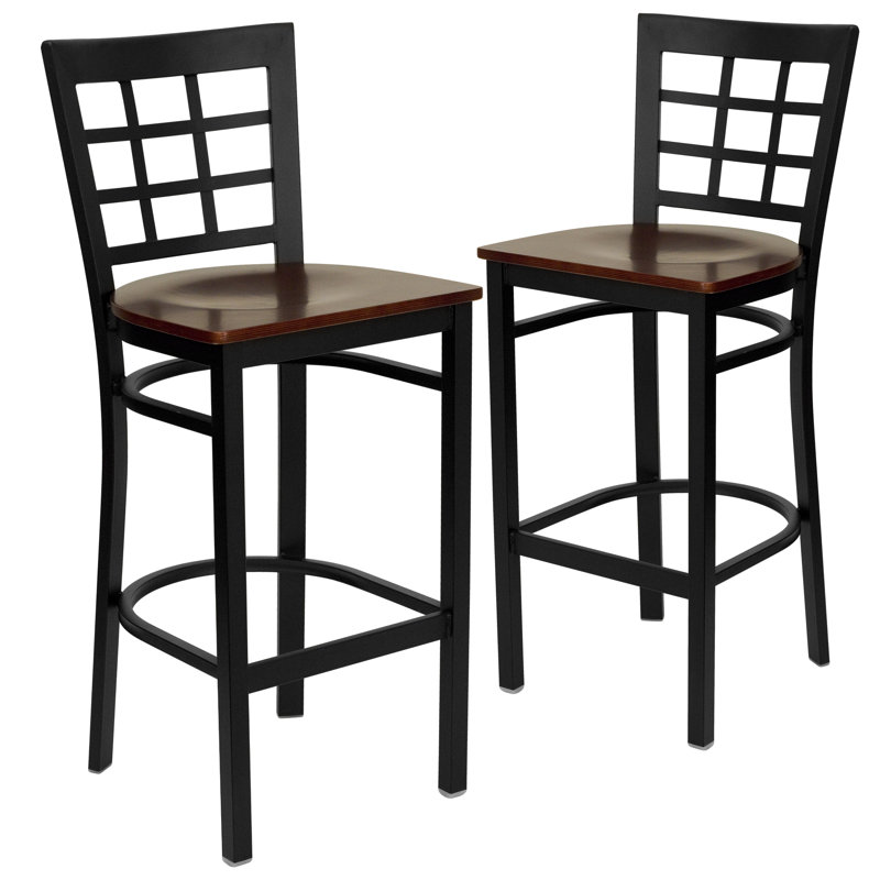 Prompton Window Back Metal Restaurant Barstool, Mahogany, 2