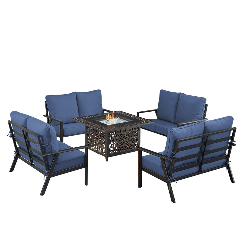 Ensemble de table de foyer en aluminium noir avec quatre causeuses profondes, Bleu