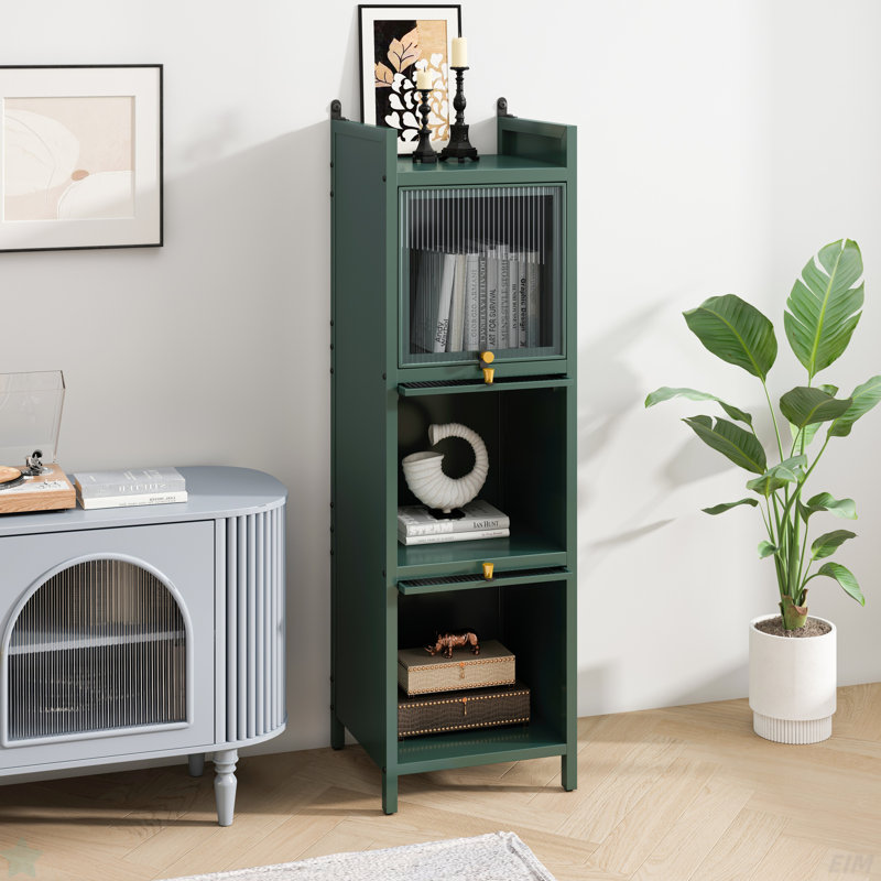 Modern Four-tier Glass Door Cabinet With Five Shelves, Ideal For Entryway, Living Room, Bathroom, & Dining Room, Dark Green