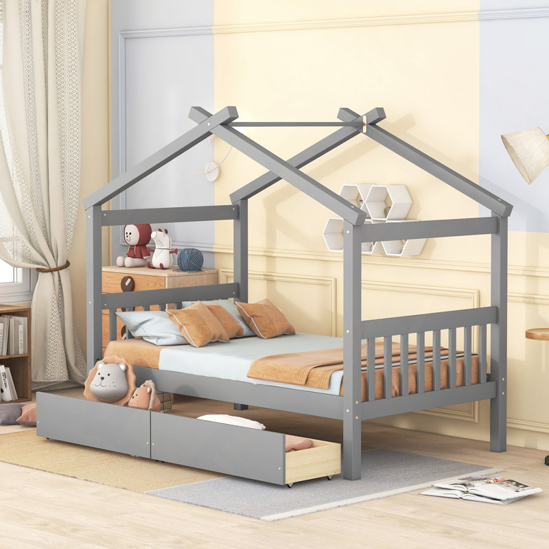 Lit, lit de maison en bois avec tiroirs, Gris