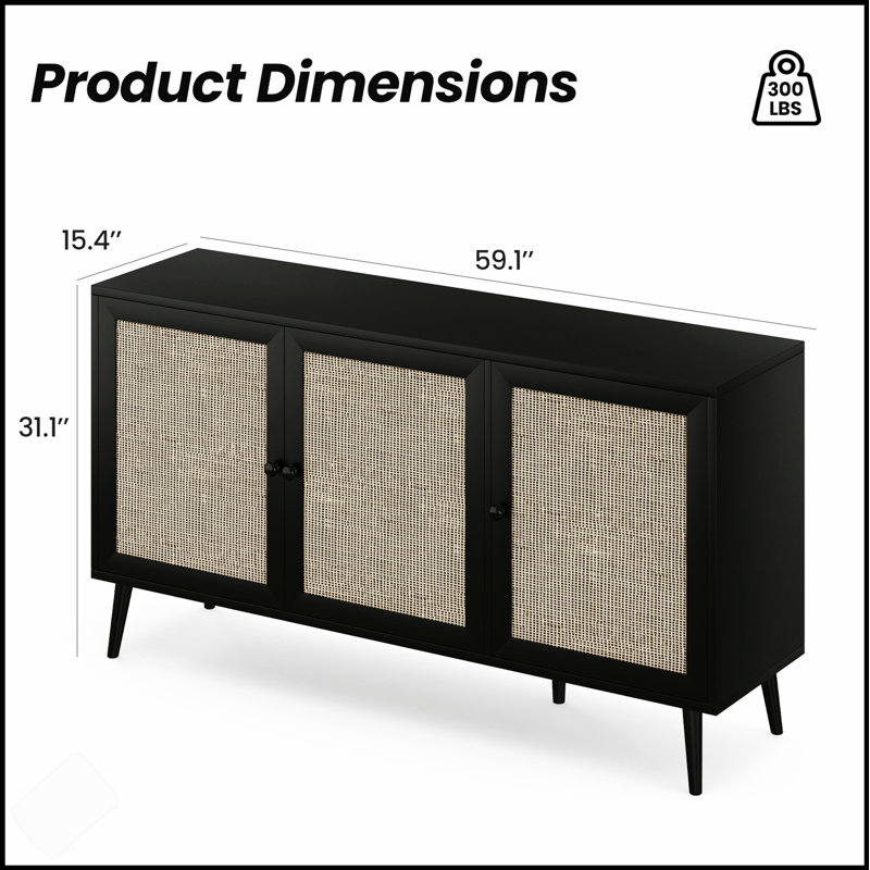 Buffet avec porte en rotin, console de rangement moderne pour l'entrée et le salon avec beaucoup d'espace, Noir