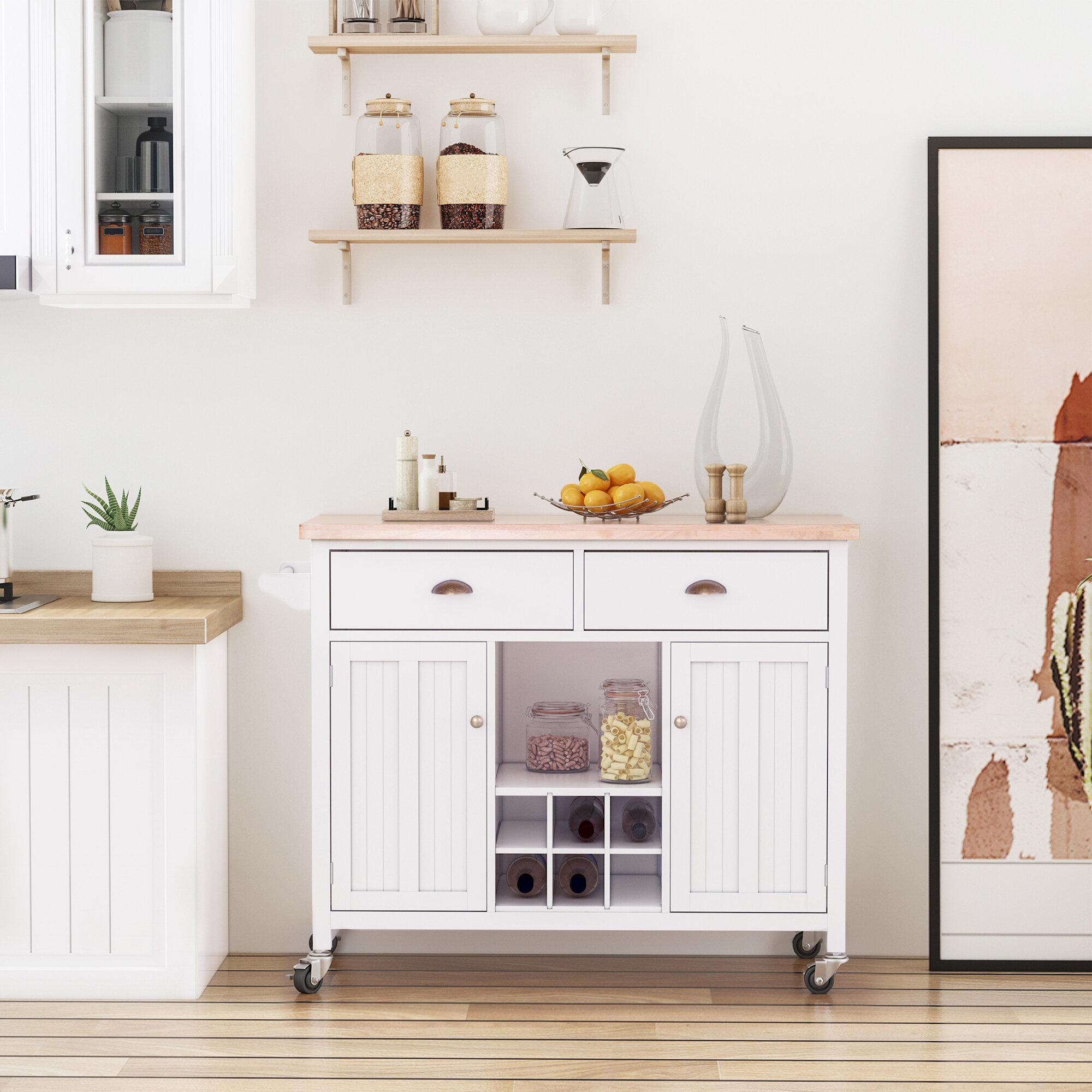 White MDF Small Kitchen Island with Drawer, Storage Shelves and Wine R