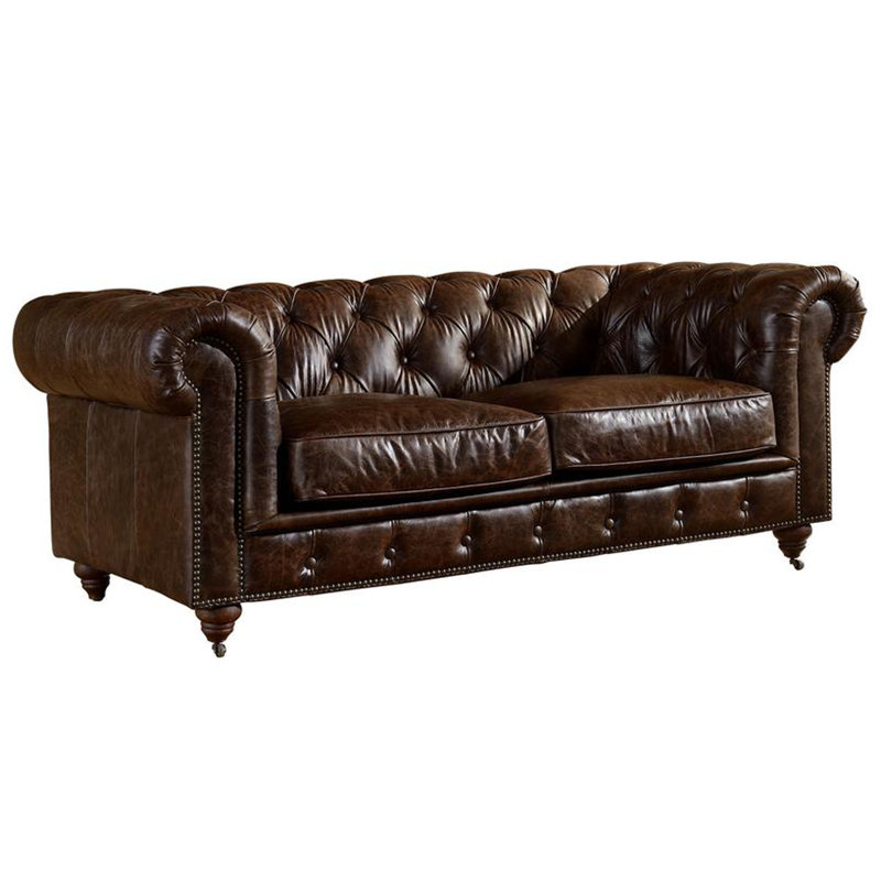 Jarique 72" Genuine Leather Rolled Arm Chesterfield Loveseat, Dark Brown Genuine Leather