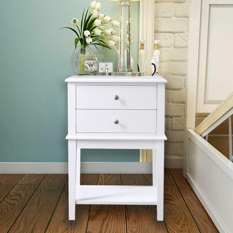 White Nightstand With 2 Drawers For Bedrooms, Tall 28 Inch Bedside Table For Living Room Home Office,  Modern Wooden Living Room End Table With Storage Shelf, Large Size