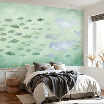 Peel and Stick Wallpaper Abstract School Fish Green Watercolor Wall Murals 69"H x 96"W Removable PVC Wall Paper Self-Adhesive Wall Decor for Bedroom Living Room Home Office