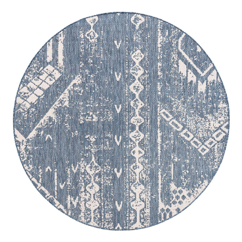 Tapis intérieur / extérieur bleu / ivoire en polypropylène tissé à la machine Bonnetta, Rond 6 pi