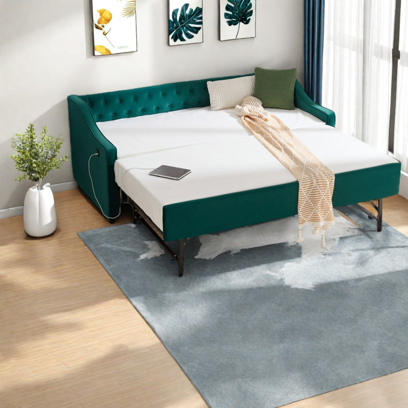 Twin Size Velvet Beds With Usb And Trundle, Modern Upholstered For Bedroom