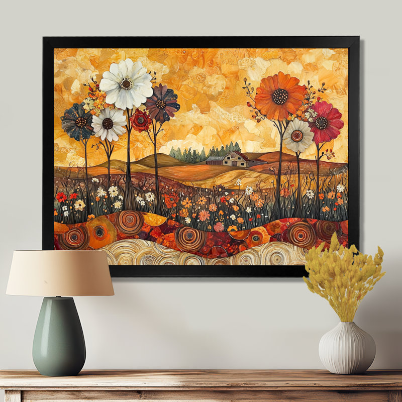 Assortiment de bouquets de fleurs, paysage de grange I - campagne, art mural, H 12 po x l 20 po, Cadre simple, Noir