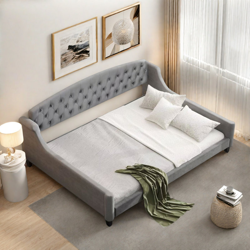 Lit de jour moderne avec bouton capitonné et pieds solides, Gris