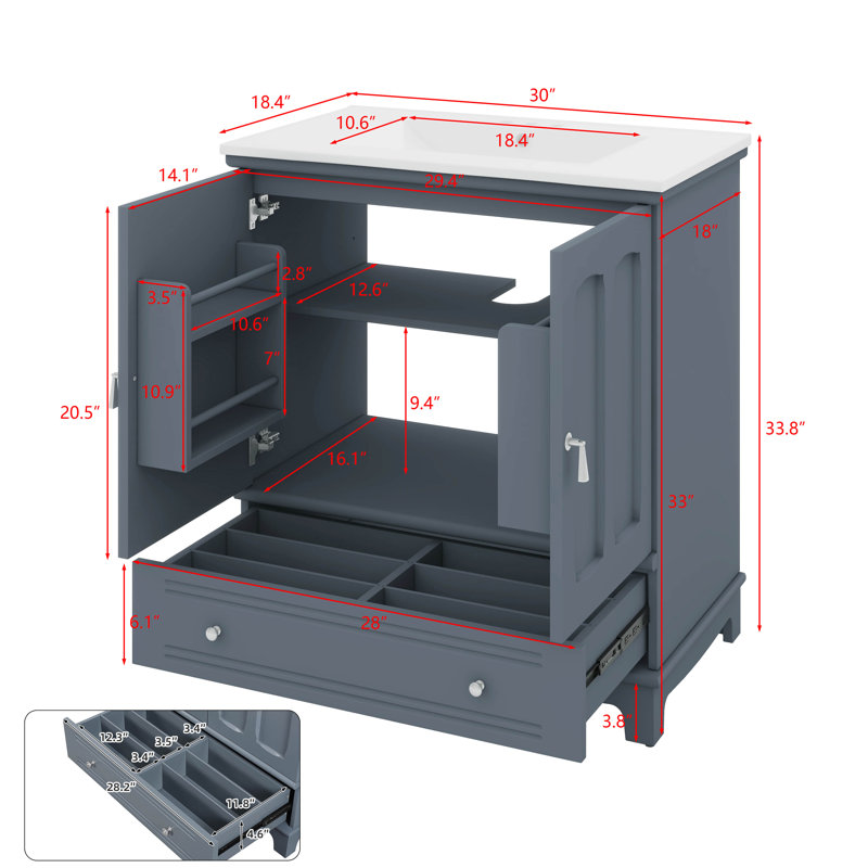 Meuble-lavabo de 30 po avec lavabo, tiroir et armoire de rangement avec tablette réglable, Bleu