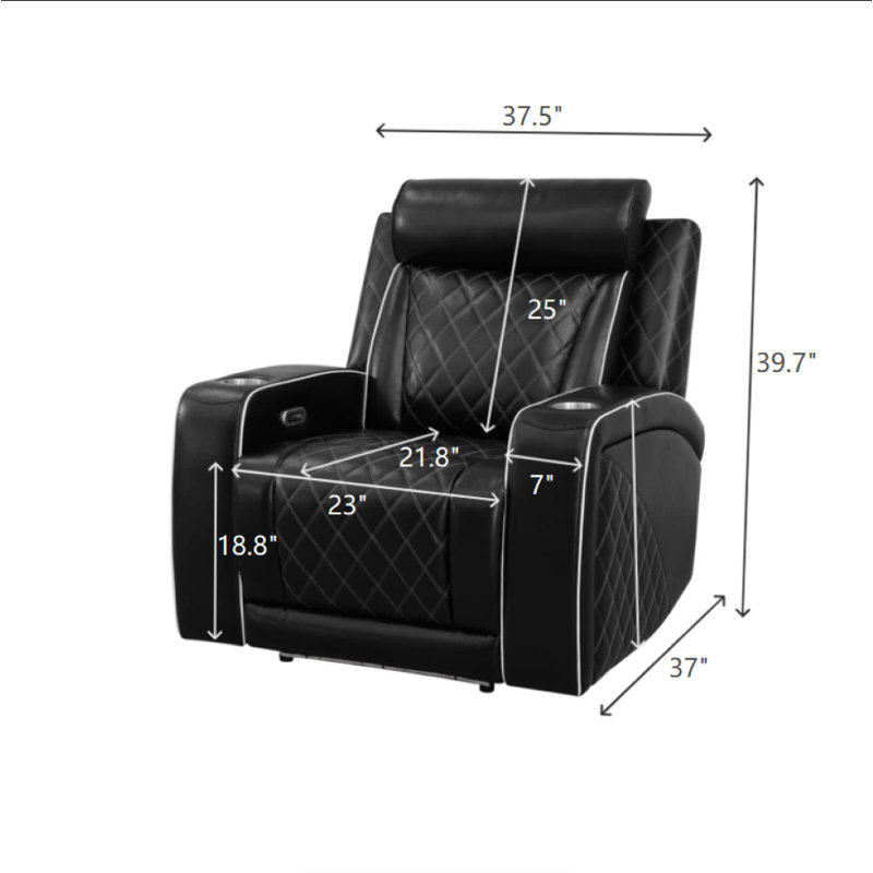 Fauteuil inclinable électrique de 37,5 po avec éclairage à DEL et similicuir matelassé noir moderne