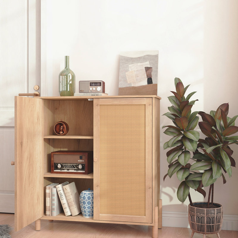 Armoire de rangement Mid-Century, rotin, tablettes réglables - standard